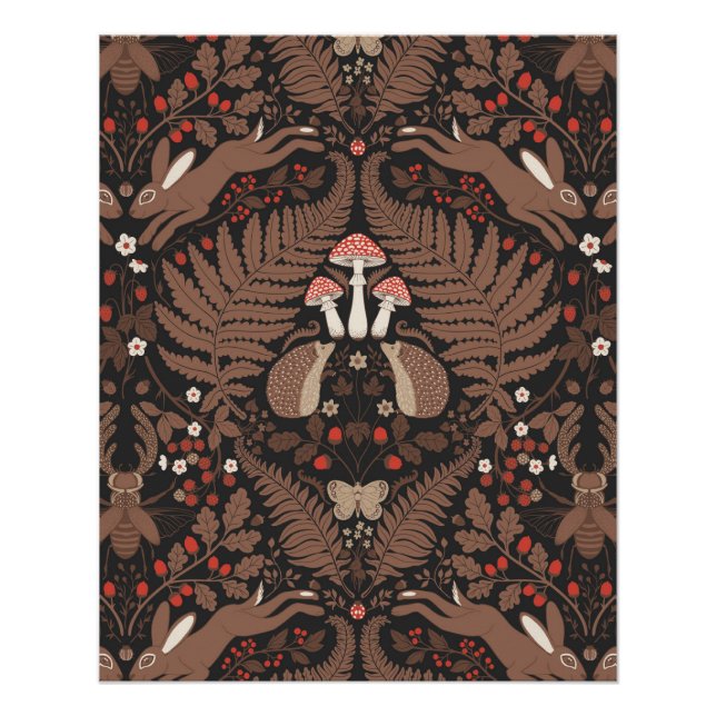 Woodland animals and plants in red and brown poster (Front)