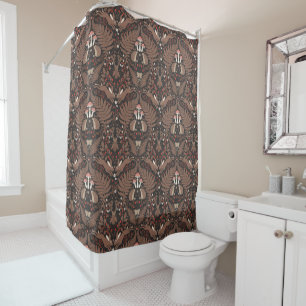 Woodland animals and plants in red and brown shower curtain