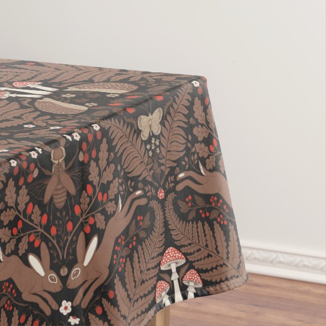 Woodland animals and plants in red and brown tablecloth (In Situ)