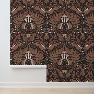 Woodland animals and plants in red and brown wallpaper 