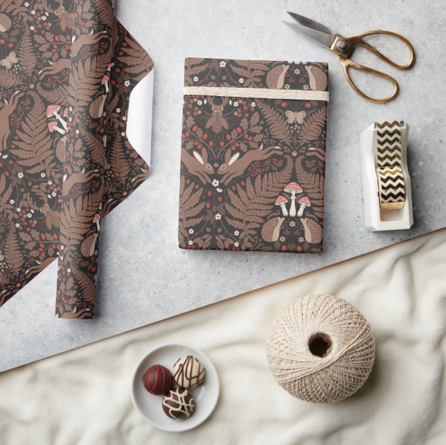 Woodland animals and plants in red and brown wrapping paper (Crafts)