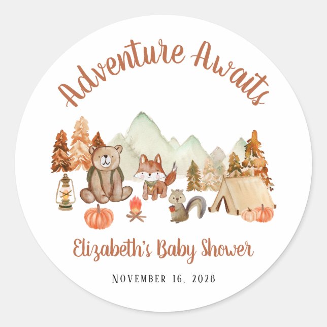 Woodland Animals Autumn Adventure Baby Shower Classic Round Sticker (Front)