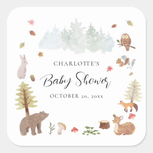 Woodland Animals Autumn Fall Baby Shower Square Sticker