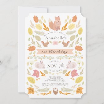 Woodland Animals Autumn Foliage 1st Birthday Invitation | Zazzle