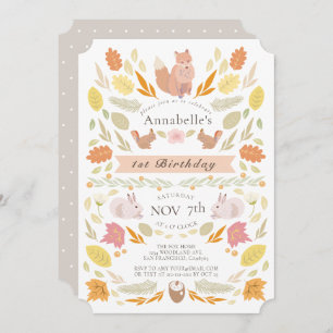Woodland Animals Autumn Foliage 1st Birthday Invitation