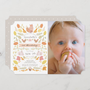 Woodland Animals Autumn Foliage Photo 1st Birthday Invitation