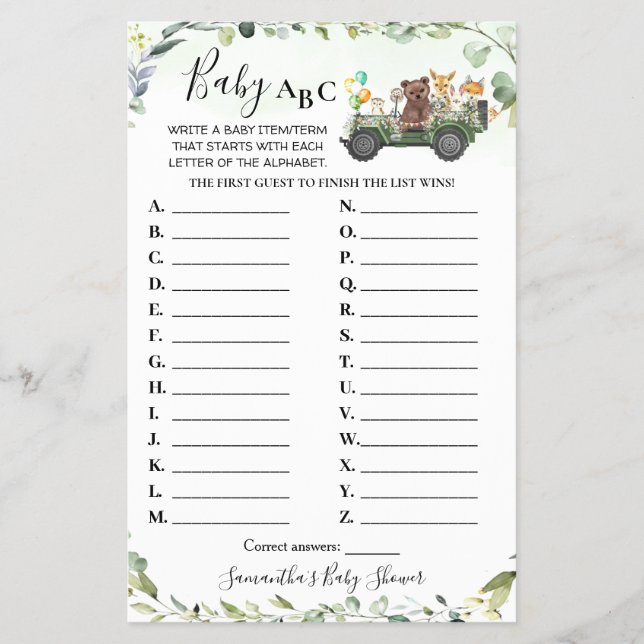 Woodland Animals Baby ABC Baby Shower Game Card Flyer (Front)