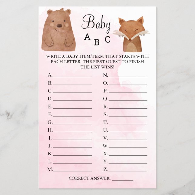 Woodland Animals Baby ABC Shower Game card Flyer (Front)