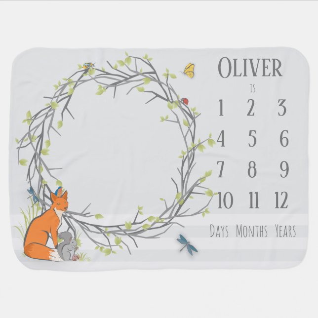 Woodland Animals Baby Age Photo Prop in Grey Blanket (Horizontal)