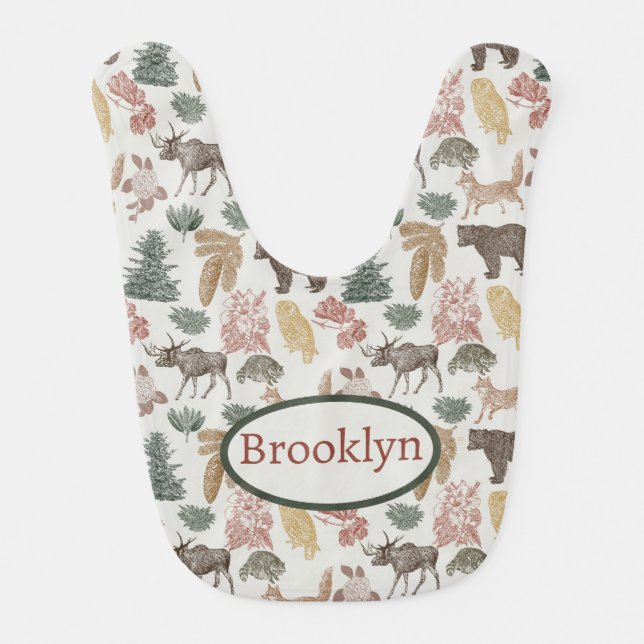 Woodland Animals Baby Bib-Bears, Owls, Moose Bib (Front)