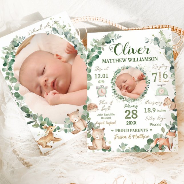 Woodland Animals Baby Birth Stats Announcement (zazzle-chic-woodland-animals-greenery-gender-neutral-boy-girl-birth-stats-photo-announcement-cards)
