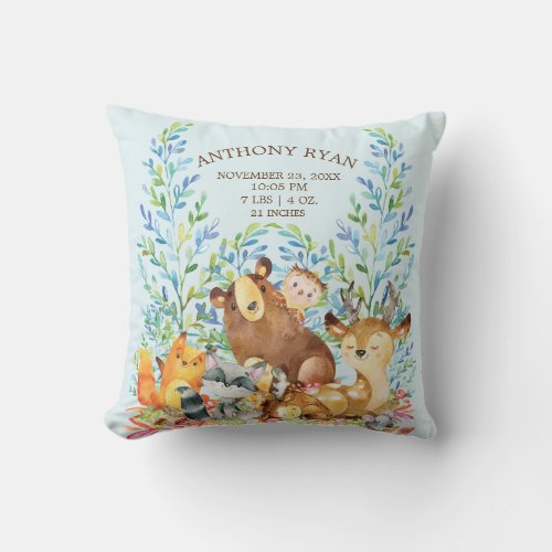 Woodland Animals Baby Birth Stats Pillow