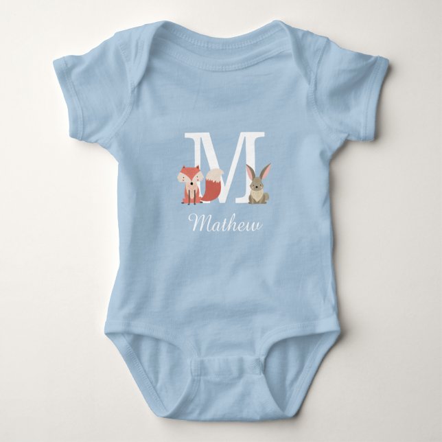 Woodland Animals Baby Boy Initial Monogram Baby Bodysuit (Front)