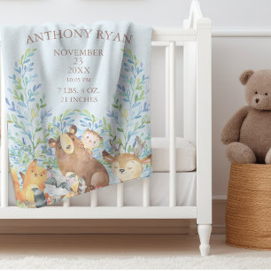 Woodland Animals Baby Boys Birth Stats Blanket