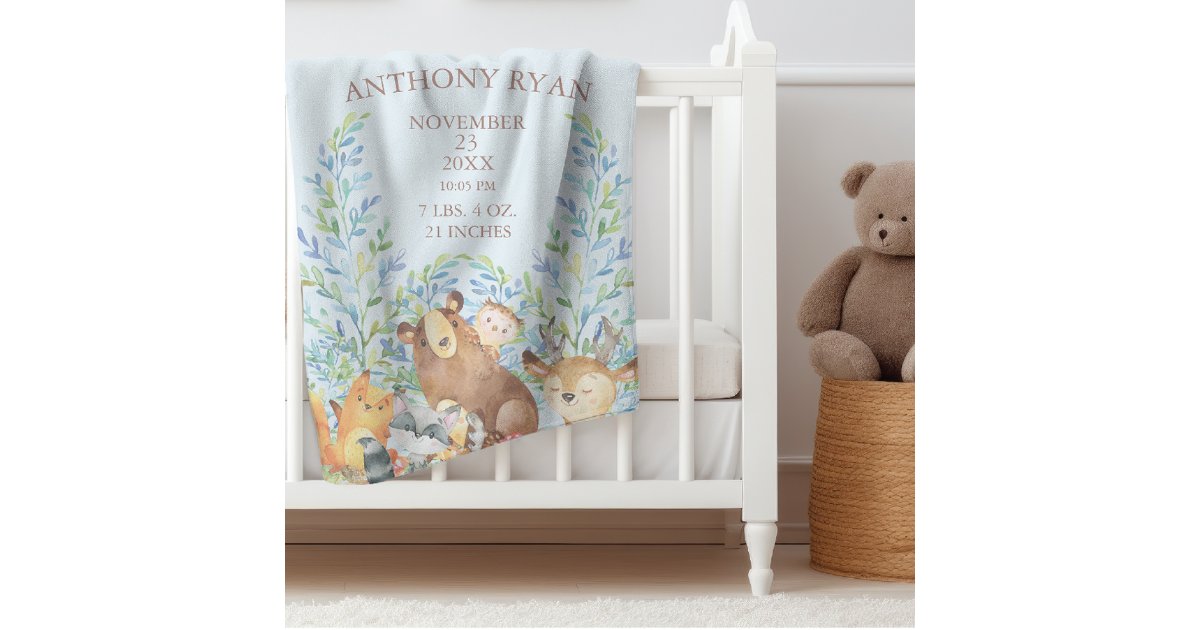 Woodland Animals Baby Boys Birth Stats Blanket | Zazzle