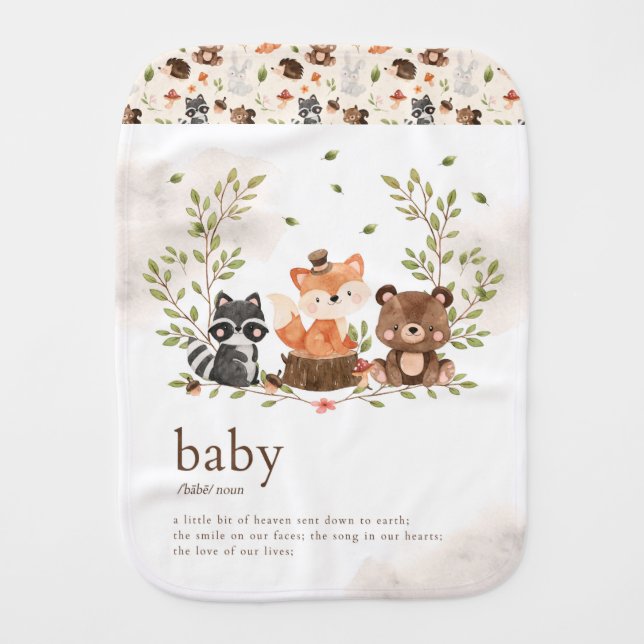 Woodland Animals Baby Burp Cloth (Front)