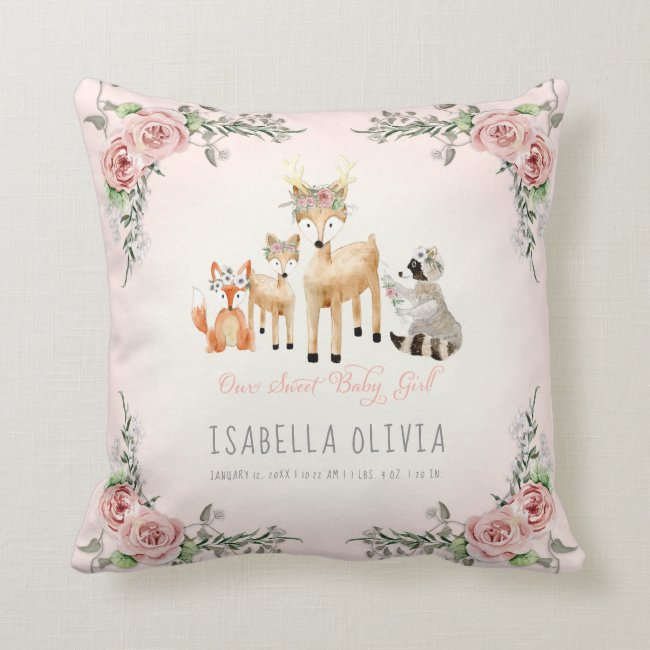 Woodland Animals Baby Girl Birth Info Watercolor Throw Pillow
