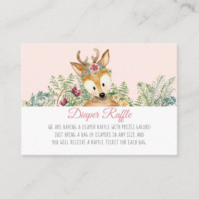 Woodland Animals Baby Girl Deer Diaper Raffle Enclosure Card (Front)
