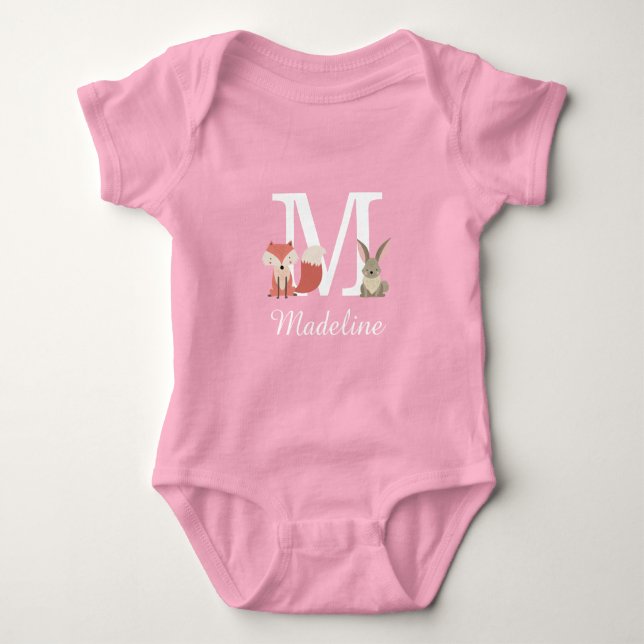 Woodland Animals Baby Girl Initial Monogram Baby Bodysuit (Front)