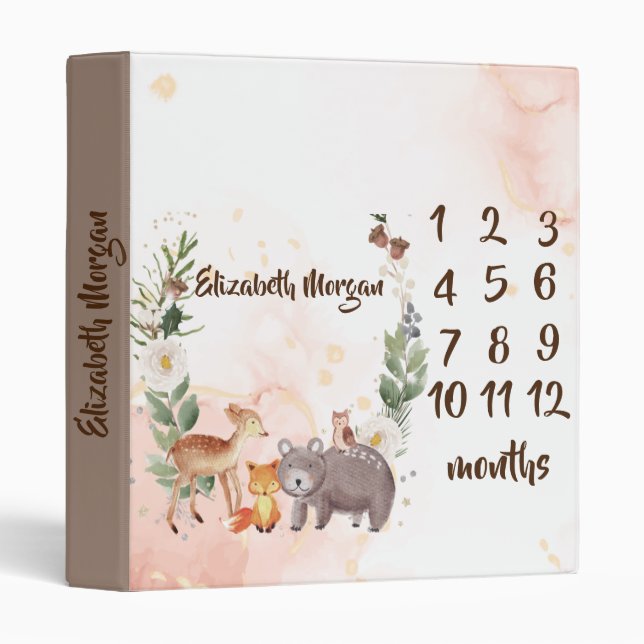 Woodland Animals  Baby Girl Month Milestone   3 Ring Binder (Front/Spine)