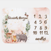 Woodland Animals  Baby Girl Month Milestone   Baby Blanket