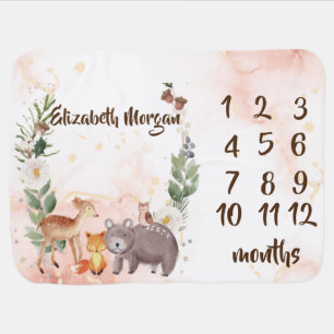 Woodland Animals  Baby Girl Month Milestone   Blanket