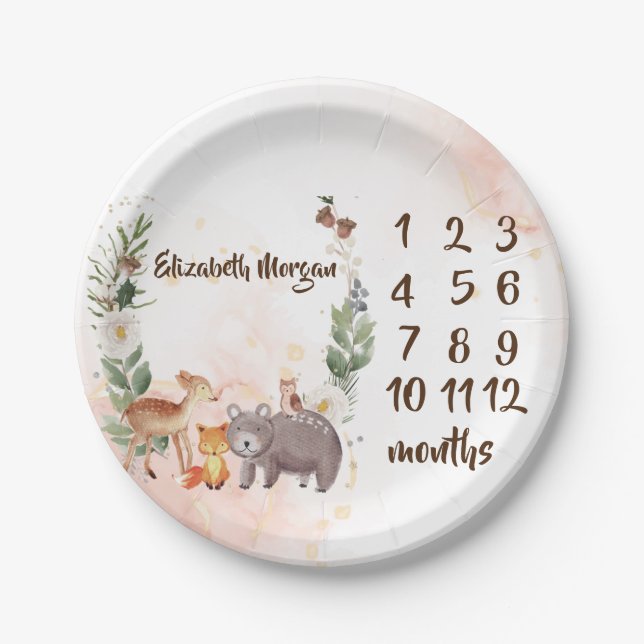Woodland Animals  Baby Girl Month Milestone  Paper Plates (Front)