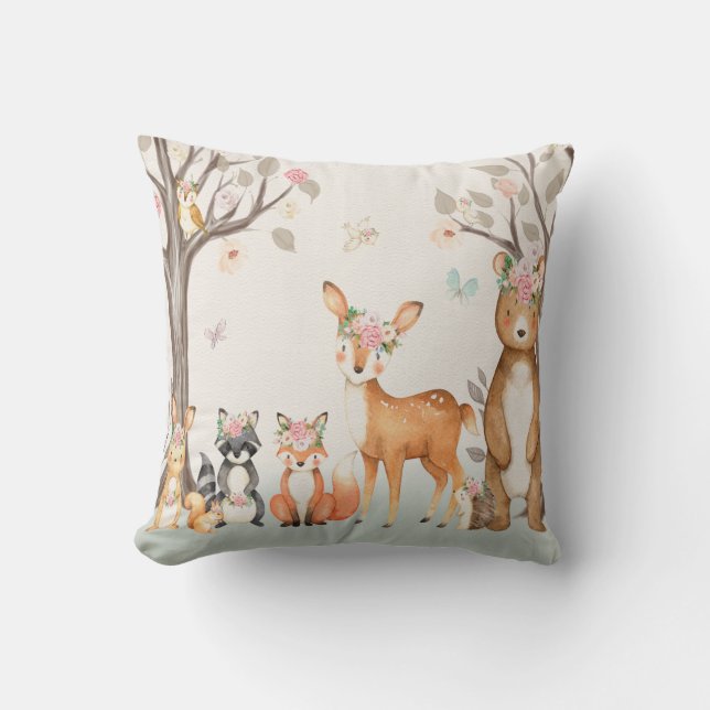Woodland Animals Baby Girl Nursery Boho Pillow (Front)