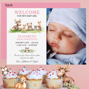 Woodland Animals Baby Girl Photo Announcement Card