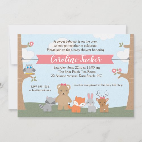 Woodland Animals Baby Girl Shower Invitation