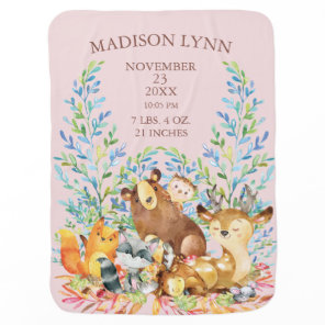Woodland Animals Baby Girls Birth Stats Blanket