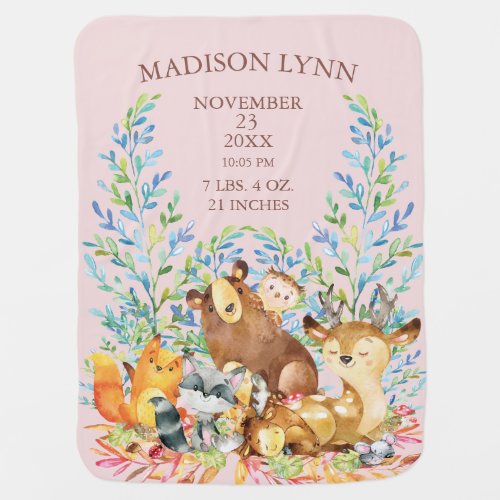 Woodland Animals Baby Girls Birth Stats Blanket