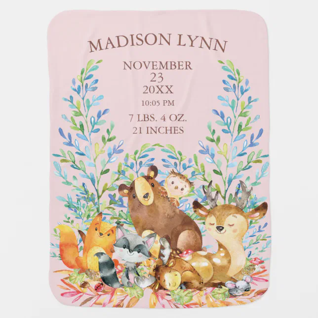 Woodland Animals Baby Girls Birth Stats Blanket | Zazzle