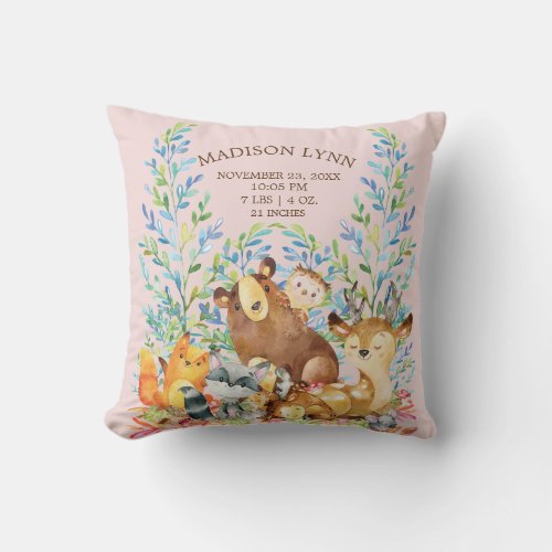 Woodland Animals Baby Girls Birth Stats Pillow