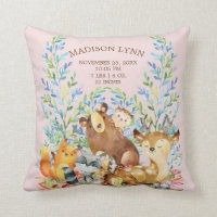 Woodland Animals Baby Girls Birth Stats Pillow