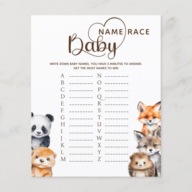 Woodland Animals Baby Name Race Game Card (Front)