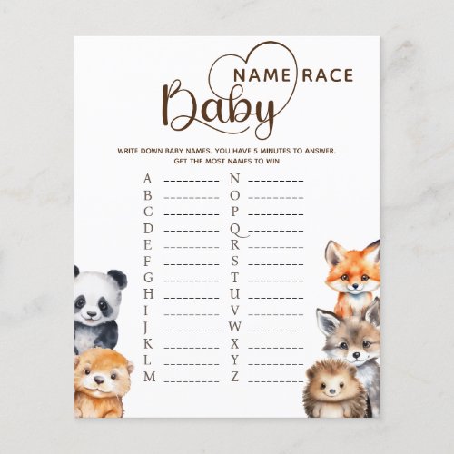 Woodland Animals Baby Name Race Game Card