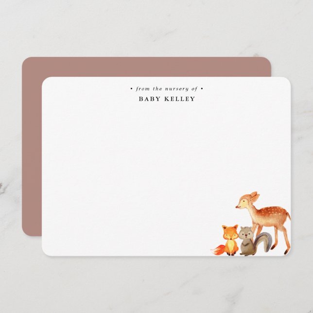 Woodland Animals Baby Personalized Flat Note Card (Front/Back)