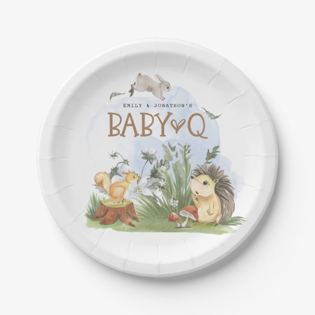 Woodland Animals Baby Q Backyard Baby Shower Paper Plates (Front)