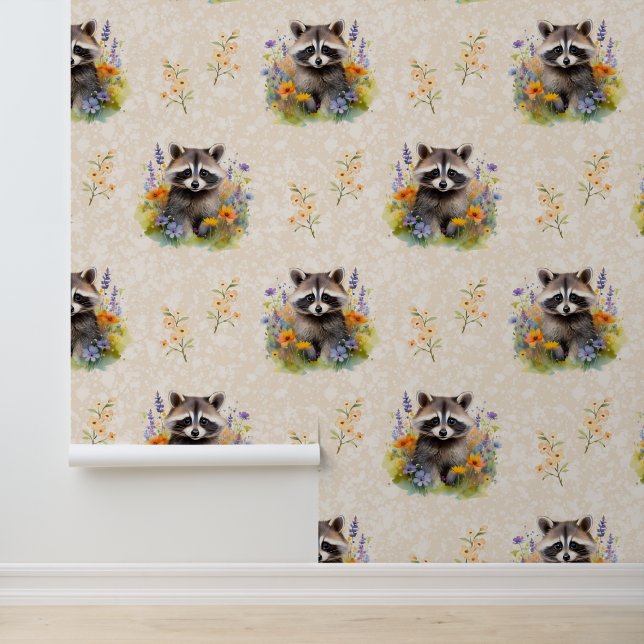 Woodland Animals Baby Raccoon Wild Flowers Cream  Wallpaper (Application)