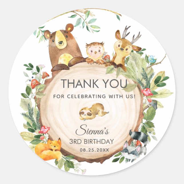 Woodland Animals Baby Shower 1st Birthday Favor Classic Round Sticker (Front)