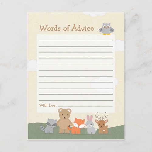 Woodland Animals Baby Shower Advice Game Postcard