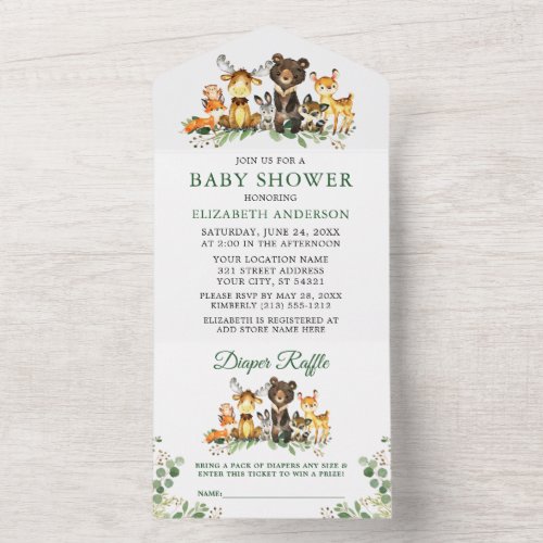 Woodland Animals Baby Shower and Diaper Raffle All In One Invitation