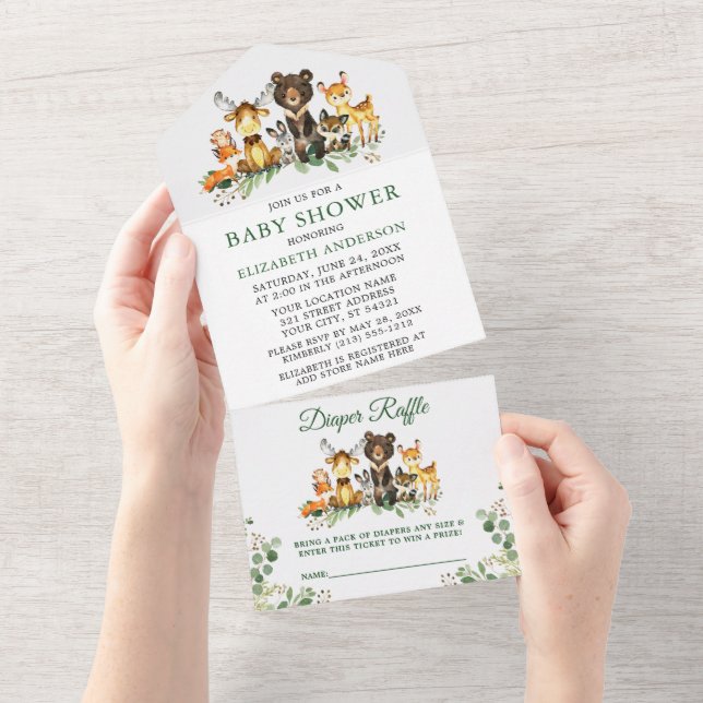 Woodland Animals Baby Shower and Diaper Raffle All In One Invitation (Tearaway)
