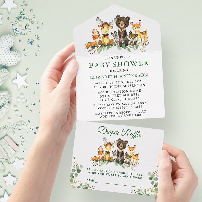 Woodland Animals Baby Shower and Diaper Raffle All In One Invitation (All In One Baby Shower Invitation with Diaper Raffle tear off card.)