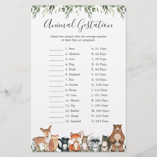 Woodland Animals Baby Shower Animal Gestation Game