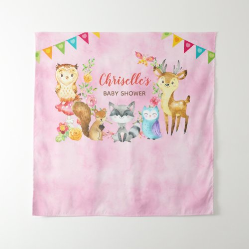 Woodland Animals Baby Shower Backdrop Banner Pink