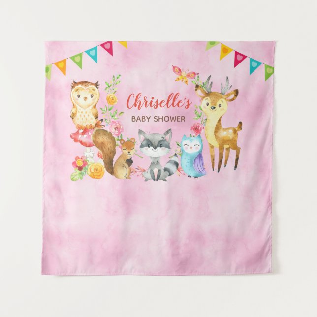 Woodland Animals Baby Shower Backdrop Banner Pink (Front)