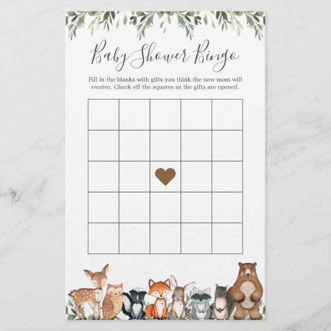 Woodland Animals Baby Shower Bingo Game (Front)
