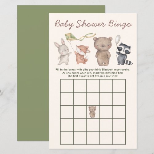 Woodland Animals Baby Shower Bingo Game